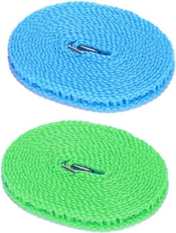2 stuks Draagbare waterdichte waslijn, Nylon Waslijn (Blauw, Groen) | Nylon, lengte: 5 m, roosterontwerp, in lengte verstelbaar, stevig en duurzaam, voor het drogen van kleding, beddengoed enz. — thumbnail 1