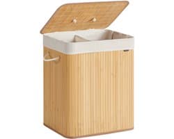 Wasmand, sorteermand met twee vakken, 50x40x61cm, natuurlijke houtkleur, grote capaciteit 120L, bamboe frame draagvermogen 15kg, met afneembare wasbare binnenzak en katoenen handgrepen, opvouwbaar ontwerp voor eenvoudige opslag
