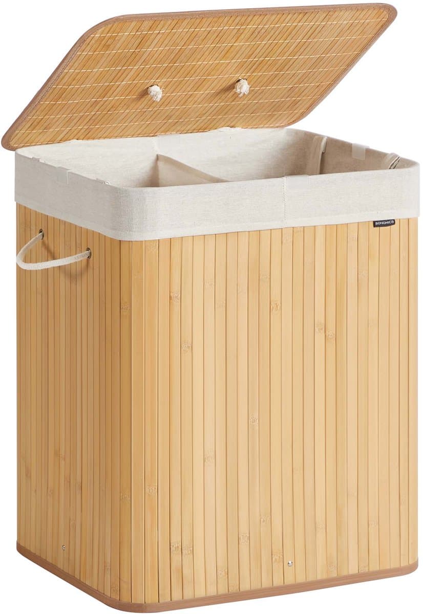 Wasmand, sorteermand met twee vakken, 50x40x61cm, natuurlijke houtkleur, grote capaciteit 120L, bamboe frame draagvermogen 15kg, met afneembare wasbare binnenzak en katoenen handgrepen, opvouwbaar ontwerp voor eenvoudige opslag — afbeelding 1