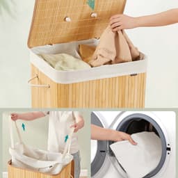 Wasmand, sorteermand met twee vakken, 50x40x61cm, natuurlijke houtkleur, grote capaciteit 120L, bamboe frame draagvermogen 15kg, met afneembare wasbare binnenzak en katoenen handgrepen, opvouwbaar ontwerp voor eenvoudige opslag — thumbnail 5
