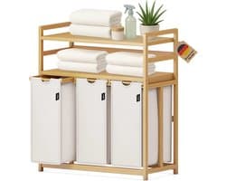 Wasmand met 3 vakken,148L,van bamboe met 2 niveaus | grote wasmand met afneembare zak,rechthoekig,wasmand voor badkamer,slaapkamer en wasruimte,77,5 x 41,3 x 100,5 cm