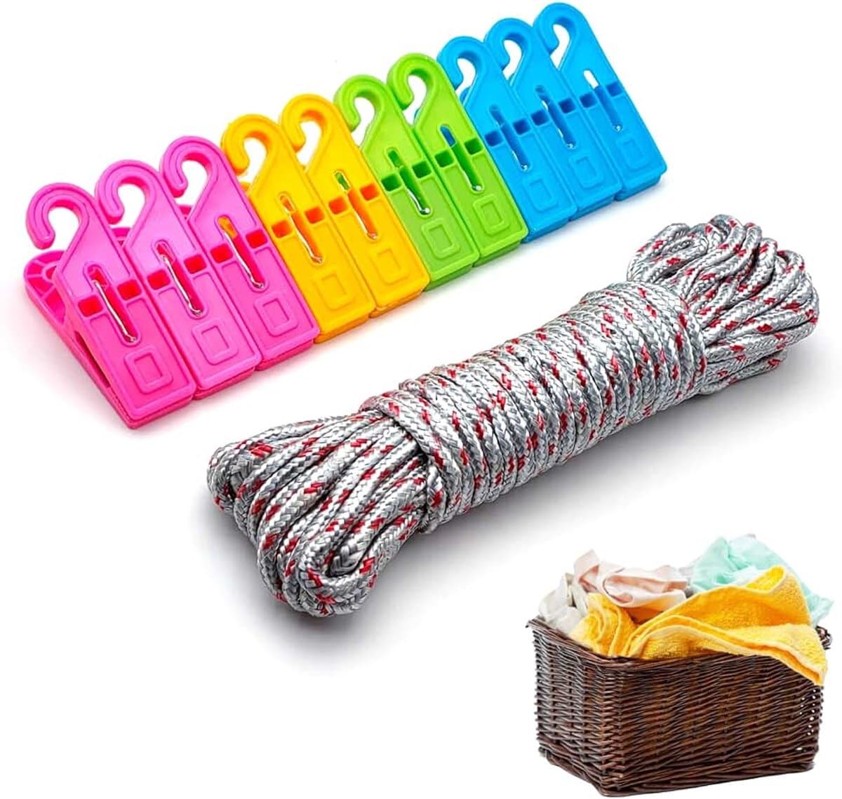 10 m, kleurrijk nylon touw + 10 wasknijpers met haken, duurzaam, voor buiten, binnen, tuin, complete set voor het ophangen van kleding, doeken en beddengoed — afbeelding 1