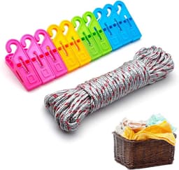 10 m, kleurrijk nylon touw + 10 wasknijpers met haken, duurzaam, voor buiten, binnen, tuin, complete set voor het ophangen van kleding, doeken en beddengoed — thumbnail 1