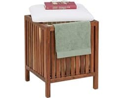 Wasmand met zitje, badkamerbank met opbergruimte, 50 l, bruin/wit | HxBxD 50x40x40 cm, acaciahout, stof