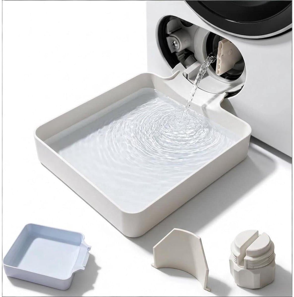Lekbak wasmachine - set 3 stuks（Waterbak + universele geleideschoep + moer）- 17,8 ×17,8 x 5cm - Lekbak voor Wasmachine en Vaatwasser - Vloerbescherming tegen waterschade - universele - wateropvangbak voor kelder, woning, camper - wit — afbeelding 1