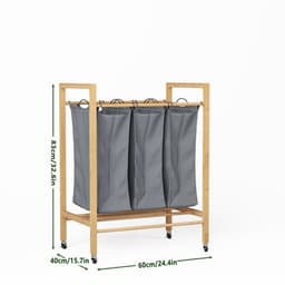 COVREO Wasmand 83 x 62 x 40 cm - 3 vakken, uitneembare waszak, bamboe en wielen — thumbnail 3