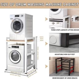 Wasmachine standaard – Wasdroger rek – Verhoger – Opbouwmeubel – Opbergrek – Verstelbaar in hoogte – Zwart smeedijzer met plank — thumbnail 5