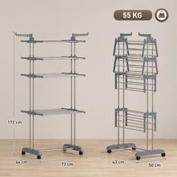 HOMCOM Clothes Drying Rack-Plastic, Stahl-73L x 64B x 172H cm-Grau — thumbnail 5