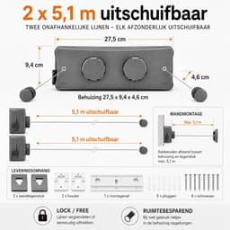 Retractable waslijn muurmodel - dubbel lijn 2 x 5 m - RVS 304 - ruimtebesparend voor badkamer - ShopVlot — thumbnail 5