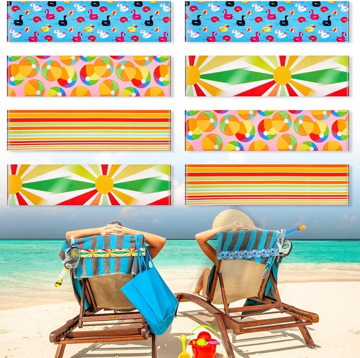 8 stuks handdoekbanden voor stoelen - strandhanddoekclips riemhouders elastisch winddicht voor ligstoel, zwembad, zomer - regenboogstijl, 29,8 x 4,97 cm — afbeelding 1