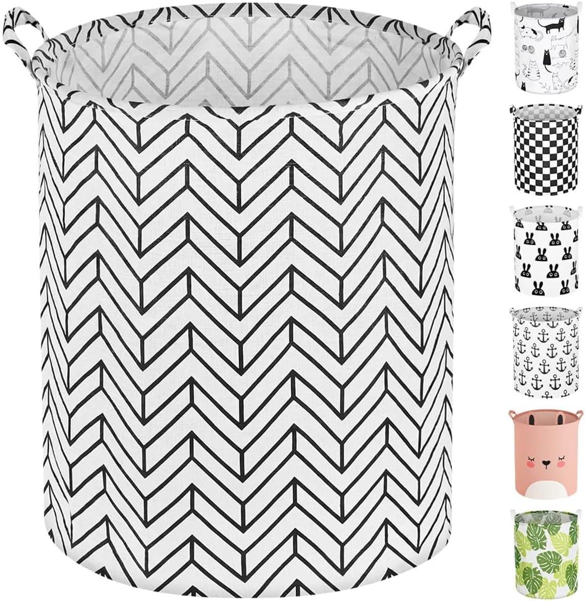 Opvouwbare wasmand, met handgrepen, canvas, rond, wit met witte pijl | Opbergmanden, canvas, groot, waterdicht, opvouwbaar, 40 x 50 cm, wasmand van canvas, voor het opbergen van wasgoed — afbeelding 1