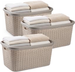 Plasticforte Wasmand - 3x - 35 liter - rotan - beige - kunststof - 53 x 36 x 26 cm - draagmand - met handvatten - lichtgewicht — thumbnail 1