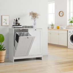 Waskast met uitneembare manden - Wit - 2 stoffen manden met dubbele handgrepen, kantelbaar ontwerp - MDF constructie met kantelbeveiliging - Vrijstaand, voor badkamer, wasruimte en hal — thumbnail 5