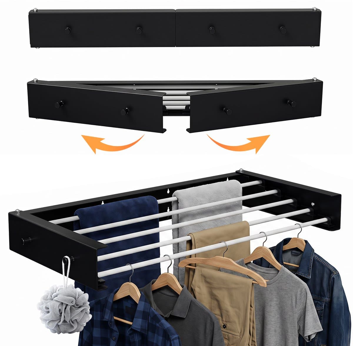 Wanddroogrek 80cm - Wasrek Inklapbaar - 5 Droogstangen - Wasrek Hangend - Droogrek - Inklapbaar Droogrek - Droogrek Muur - Zwart — afbeelding 1