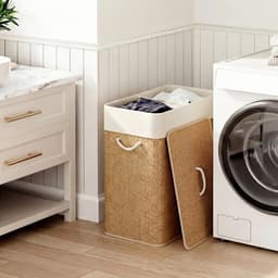 Wasmand 52 × 32 × 63 cm houtkleur bamboe, wasgoedmand met deksel en uitneembare waszak, eenvoudig ontwerp, praktisch en mooi, gebruiksvriendelijk, geschikt voor slaapkamer, badkamer en wasruimte — thumbnail 4