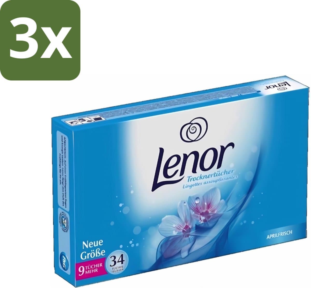 3 x Lenor - Droogtrommeldoekjes - Aprilfris - Textielverfrisser - 34 Doekjes - Droogtrommeldoekjes - Wasdoekjes - Textielverfrisser - Frisheid - Statische Elektriciteit — afbeelding 1