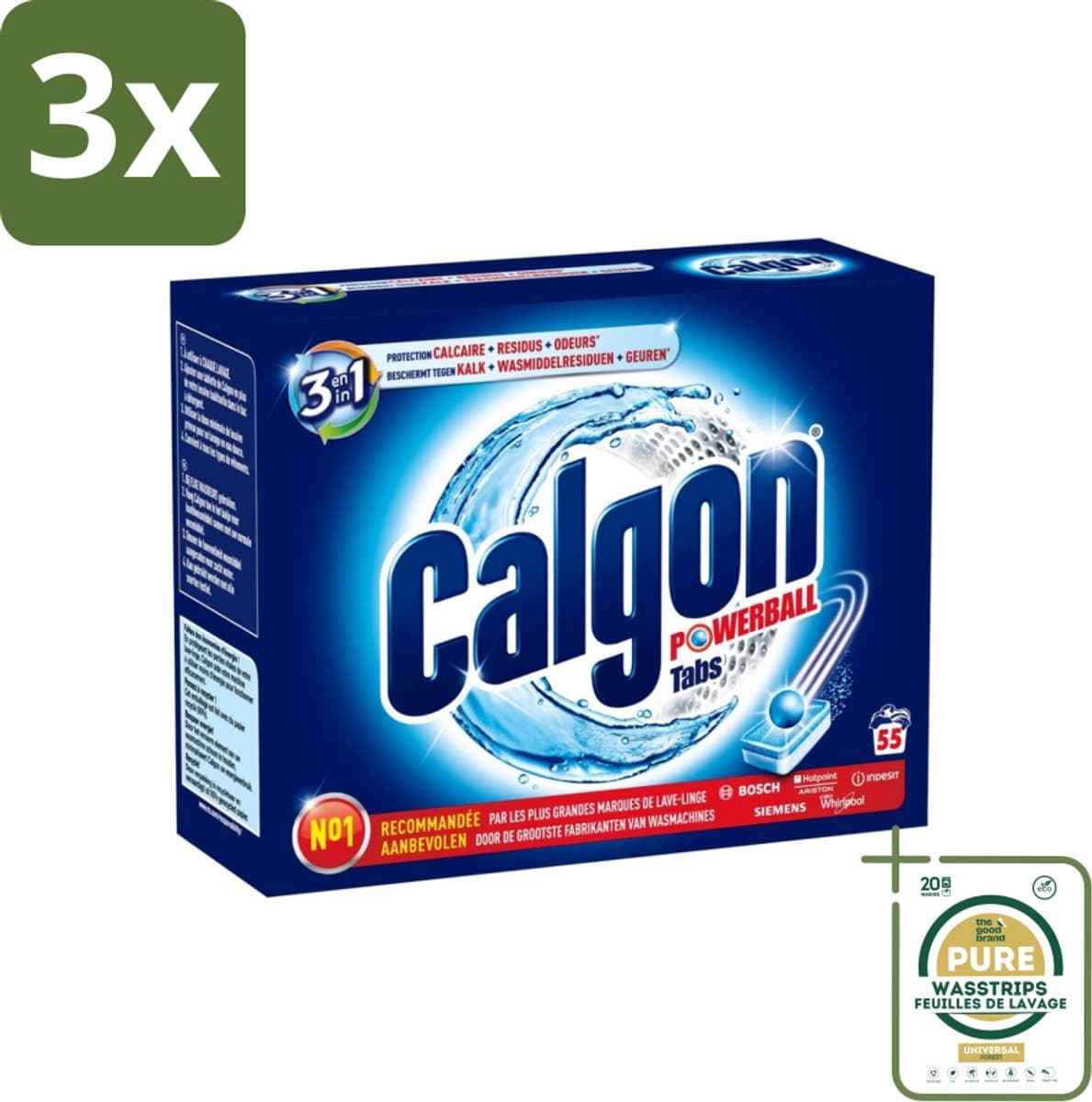 3 x Calgon - Wasmachinereiniger - Tegen Kalkaanslag / Wasmiddelresten / Geuren - 55 Tabletten - Grootverpakking - Wasmachine Reinigen - Kalkaanslag Voorkomen - Wasmiddelresten Verwijderen - Geuren Neutraliseren - Wasmachine Schoonhouden — afbeelding 1