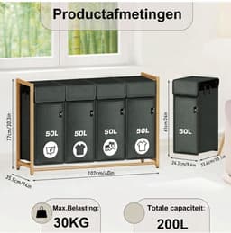 TYR® Wasmand - 200L - Wasmand 4 Vakken - Wasmanden - Donkergrijs - 54cm x 36cm x 83cm — thumbnail 3