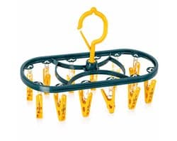 Hangdroger met Knijpers – Sokken Droogrek – Wasdrooghanger voor Ondergoed, Babykleding & Kleine Was – Ophangbaar Droogrek – Blauw/Geel