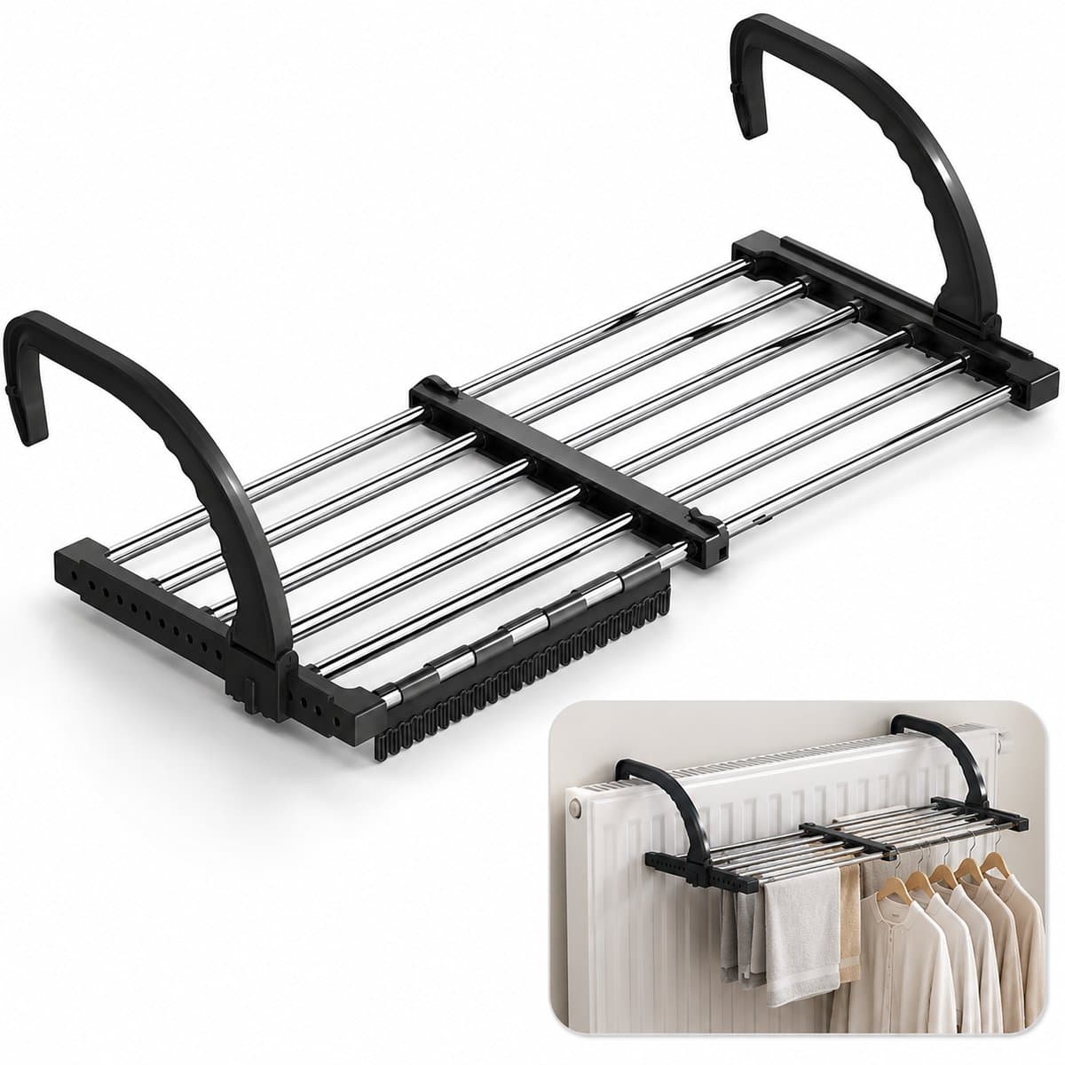 BOTC Droogrek Hangend 64-110cm - Radiatordroogrek - Uitschuifbaar wasrek voor balkon - Wasrek voor balkonreling -6,6m drooglengte — afbeelding 1