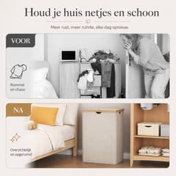 Wasmand met Deksel 160 Liter – Dubbele Wasmand met 2 Vakken – Uitneembare Waszakken – Opvouwbare Wassorteerder met Bamboe Handgrepen – Beige — thumbnail 4