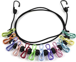 Campingwaslijn - met 12 kleurrijke clips - Reiswaslijn - Waslijndraad - draagbaar - Duurzaam - antislip - Ook zonder boren - Voor buiten kamperen, wasdrogen,reizen - zwart — thumbnail 1
