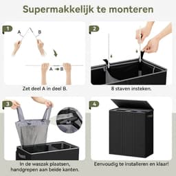 Lìon® Wasmand - 160L - Wasmand 3 Vakken - Wasmand Met Deksel - Zwart - 64cm x 36cm x 70cm — thumbnail 4