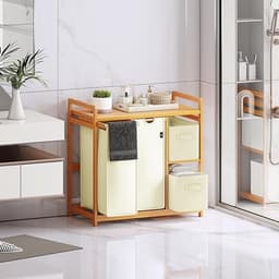 Wasmand Met 4 Vakken 140L - Grote Wasverzamelaar Met Bamboe Frame - Wassorteerder Met 2 Waszakken En 2 Stoffen Opbergboxen - Wasbox Met Plank Voor Badkamer, Slaapkamer En Wasruimte - Beige — thumbnail 1