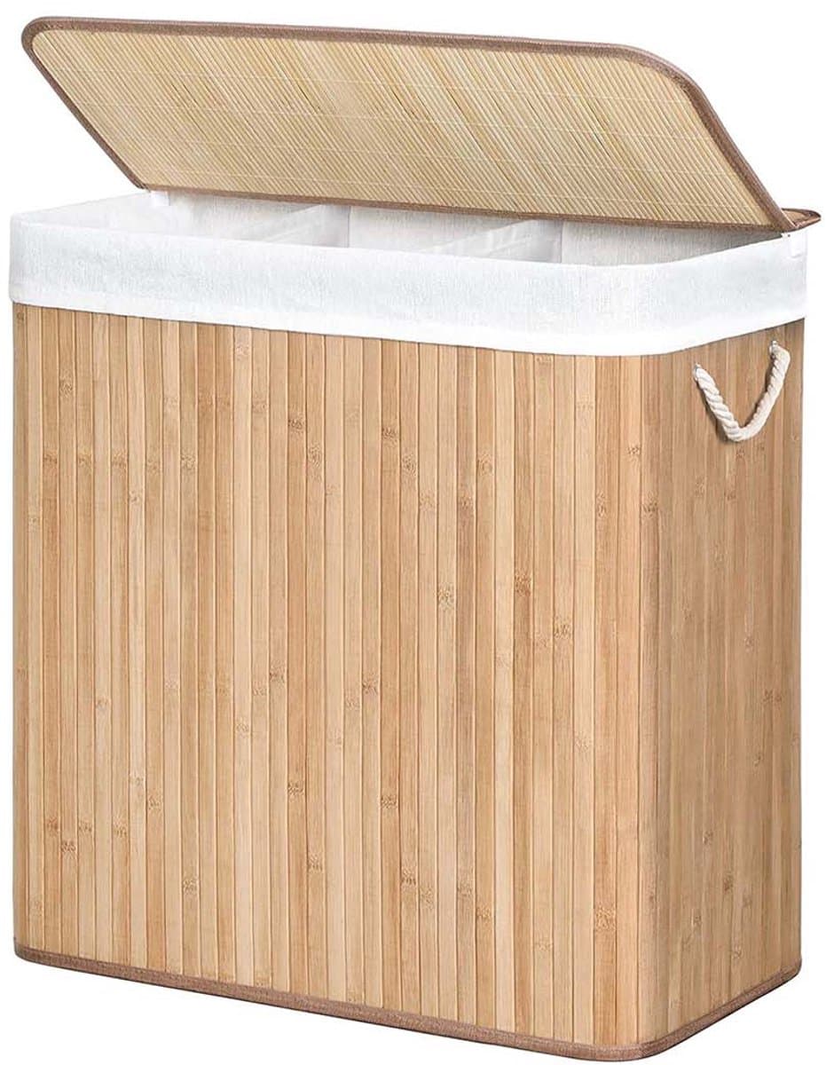 Wasmand Wasgoedmand Opbergmand 60 x 40 x 61,5 cm houtkleur 150L grote capaciteit met drie vakken en afneembare wasbare binnenzak deksel en handgrepen opvouwbaar en ruimtebesparend geschikt voor wasruimte slaapkamer en badkamer — afbeelding 1