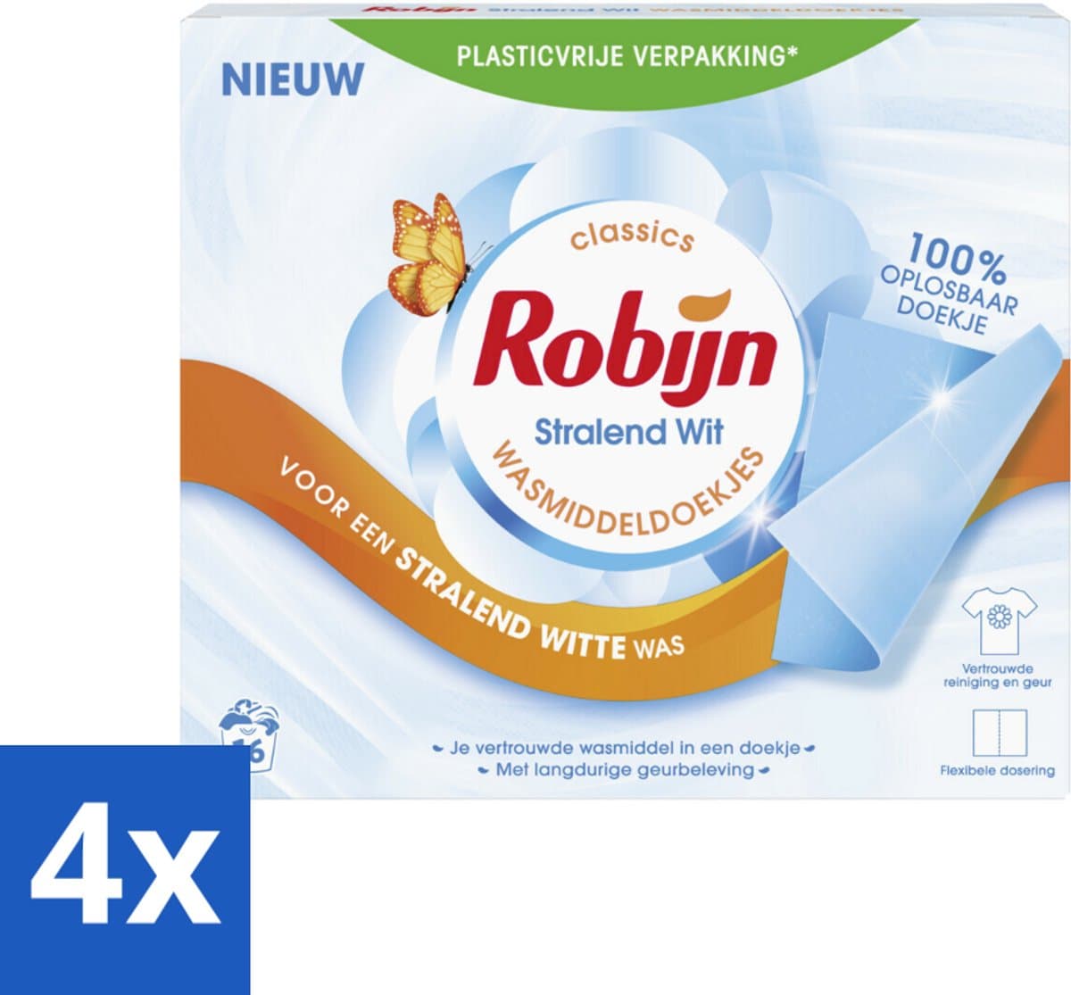 4 x Robijn Classics - Stralend Wit - Wasmiddeldoekjes - 16 Wasstrips - Wasmiddel - Wasstrips - Wasverzachter - Wasdoekjes - Stralend Wit — afbeelding 1