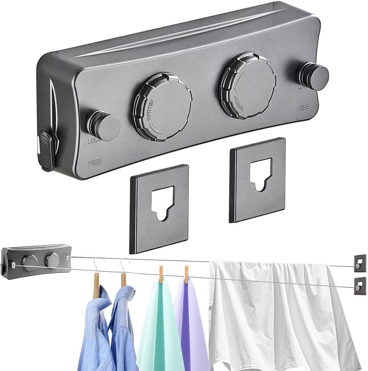 waslijn, 2 x 5,1 m roestvrij stalen kabel, waslijn, uittrekbare muur, instelbare klemknop voor extra ondersteuning, anti-ag-design, geschikt voor balkon, bijkeuken, slaapkamer — afbeelding 1