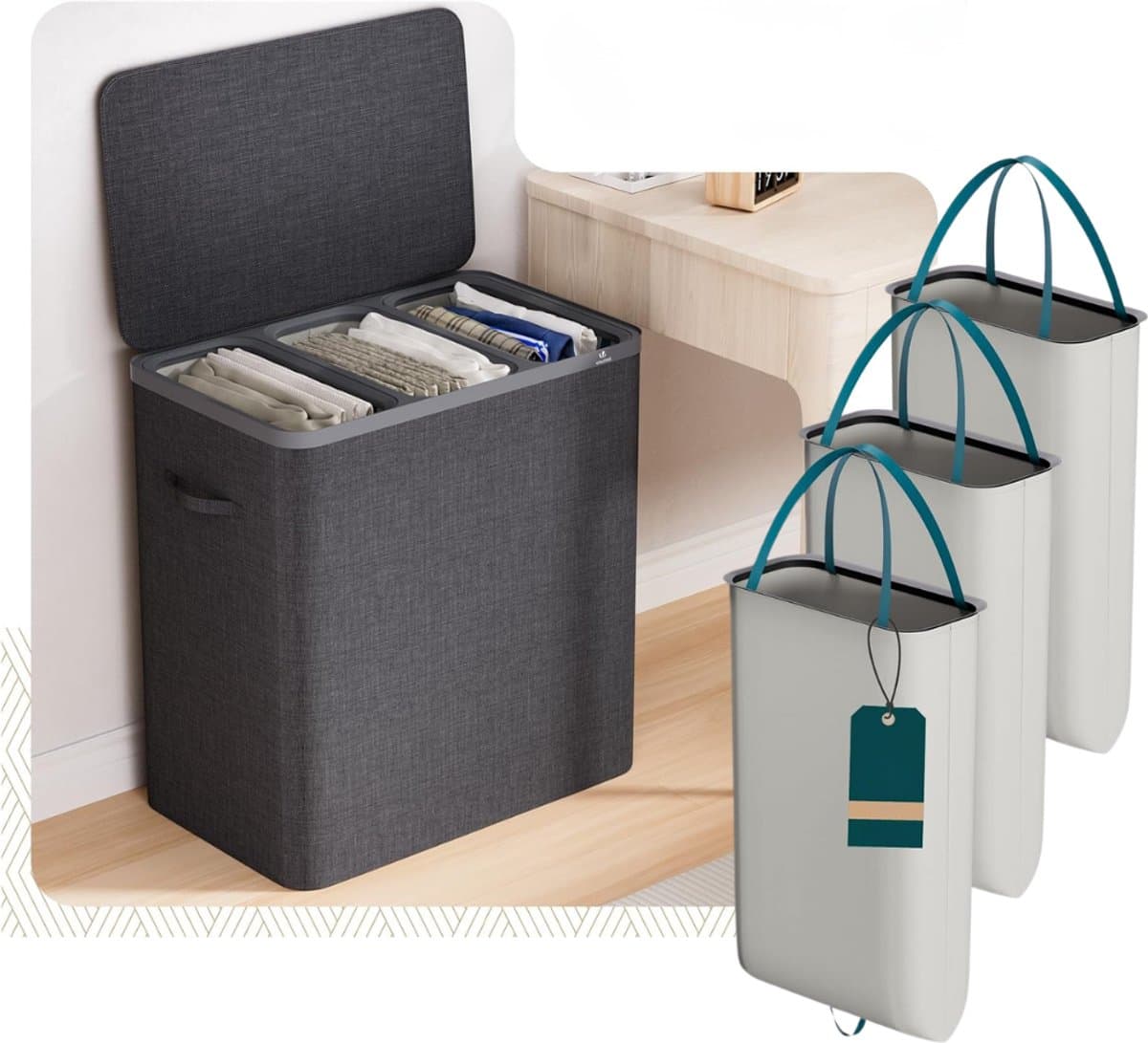 Zavio® Wasmand 3 Vakken - Wassorteerder - Wasmand - Antraciet — afbeelding 1