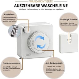 5,1 m uittrekbare waslijn, roestvrij staal, wandmontage, wit | Zware belastbaarheid, niet doorhangen, voor balkon, badkamer, hotel en wasruimte — thumbnail 5
