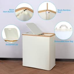 Wasmand met 2 vakken, met deksel, 140 liter, wasverzamelaar met kunststof frame, opvouwbare grote wassorteerder, wasmand voor slaapkamer, badkamer, beige — thumbnail 3