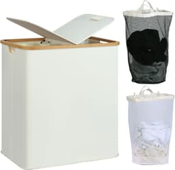 Wasmand met 2 vakken, met deksel, 140 liter, wasverzamelaar met kunststof frame, opvouwbare grote wassorteerder, wasmand voor slaapkamer, badkamer, beige — thumbnail 1