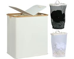 Wasmand met 2 vakken, met deksel, 140 liter, wasverzamelaar met kunststof frame, opvouwbare grote wassorteerder, wasmand voor slaapkamer, badkamer, beige