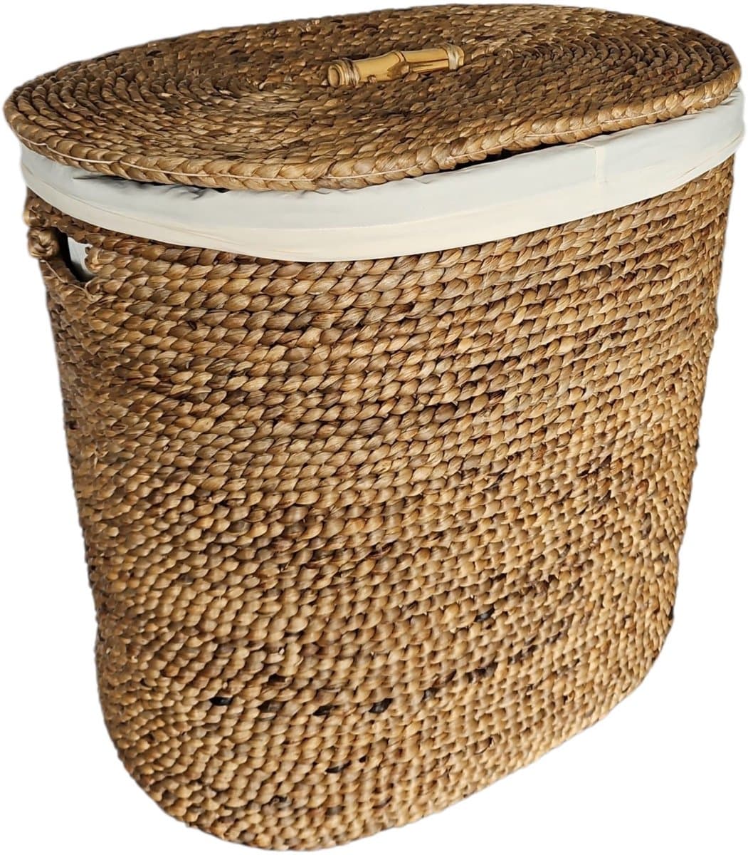 Waterhyacint Wasmand 60cm | Deksel, Linnen Voering & Bamboe Handgreep | Handgemaakt | Badkamer — afbeelding 1