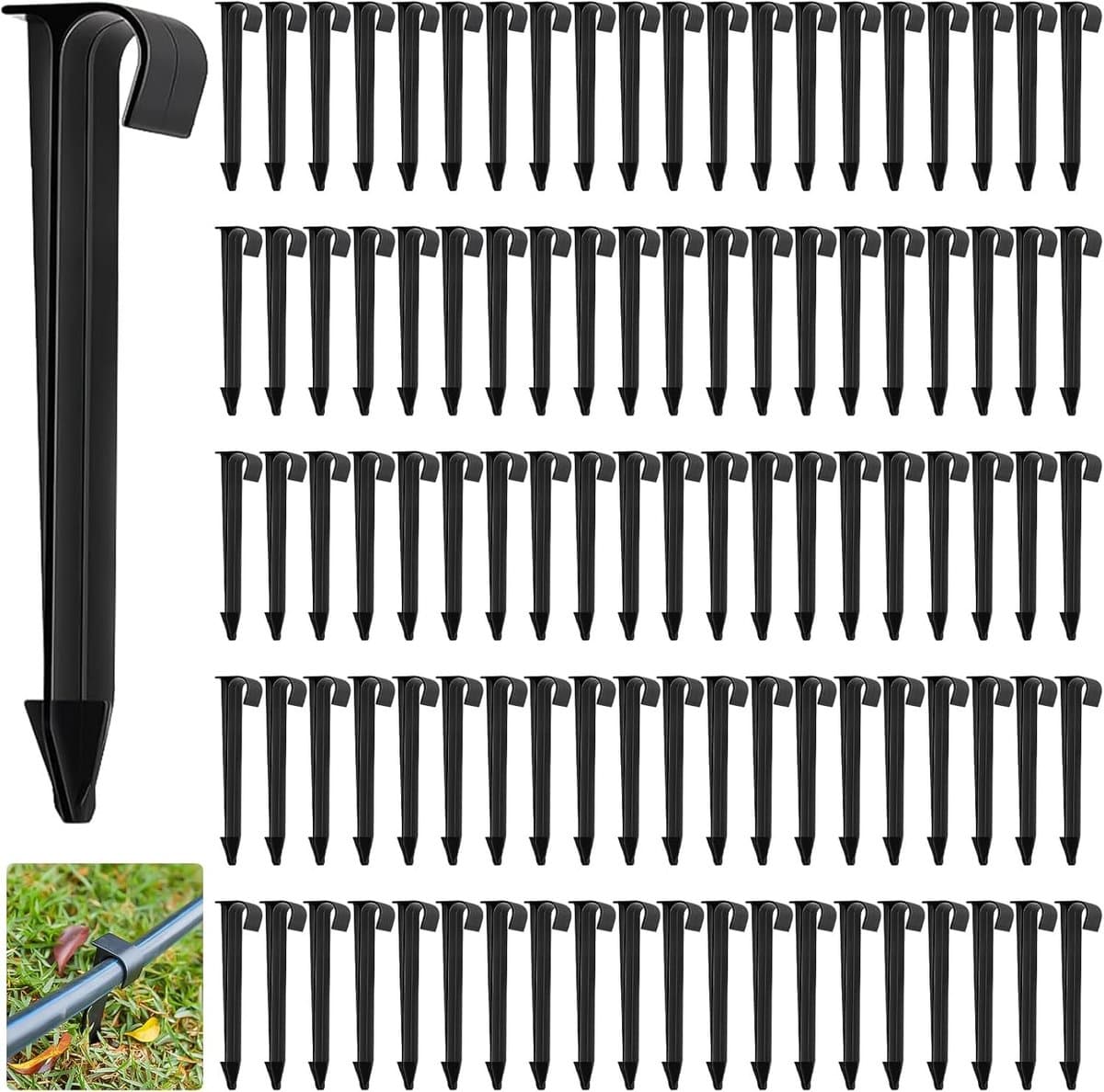 Set van 100 Grondankers voor Tuinslangen, Zwarte Plastic Haringen voor Drip Irrigatie, Geschikt voor Slangen met een Diameter van 16 mm, Lengte 11,2 cm — afbeelding 1