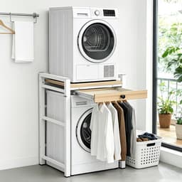 Witte Wasmachine Rek met Uittrekbare Handdoekhouder - Was-/Droogkast, Opbergruimte Boven de Wasmachine, 300 kg Laadvermogen, Vrijstaand. — thumbnail 3