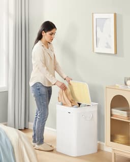 Wasmand, 95 l, vuile wasmand, deksel, van bamboe, handgrepen, opvouwbaar, afneembare zak, machinewasbaar, voor wasruimte, slaapkamer, wit LCB060W01 — thumbnail 2