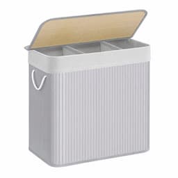 Luniva Wasmand 3 Vakken 150L - Wassorteerder met Deksel - Inclusief 3 Uitneembare Waszakken - Opvouwbaar - Bamboe - Lichtgrijs — thumbnail 1