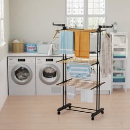 Kleding Airer Kleding Droogrek Extra Grote 4 Tier Kleding Paard Droogtoren Inklapbaar Rvs Kledingstuk Wasserij Kleding Droger Rekken Hout Effect — thumbnail 2