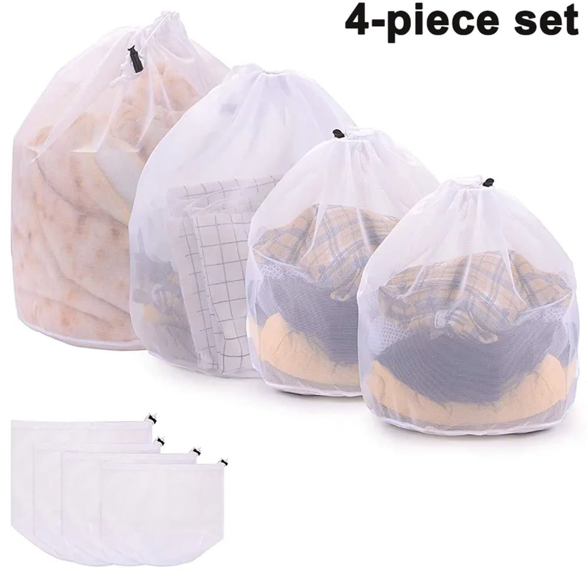 Deze vierdelige wasmachinezakkenset heeft een trekkoordsluiting en bevat wasnetjes, kleding, ondergoed, sokken, kousen, enz. — afbeelding 1