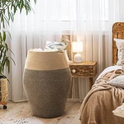 Gevlochten Wasmand 65cm Hoog - Grote Opbergmand van Katoen & Jute - Opvouwbaar - Zwart/Jute — thumbnail 3