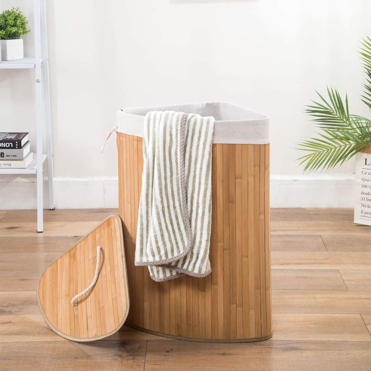 Grote Hoek Bamboe Wasmand met deksel - 100 L - Wasmand 1 Vak met stoffen waszak - Opvouwbaar - Wassorteerder Rond — afbeelding 1