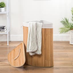 Grote Hoek Bamboe Wasmand met deksel - 100 L - Wasmand 1 Vak met stoffen waszak - Opvouwbaar - Wassorteerder Rond — thumbnail 1