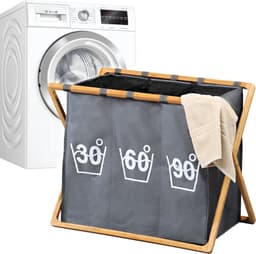 Wassorteerder 3 Vakken - Wasmand FSC® Bamboe houten Frame - Sorteer op 30° 60° 90° - Grote opvouwbare wasmand met 3 Vakken - 141 L — thumbnail 1