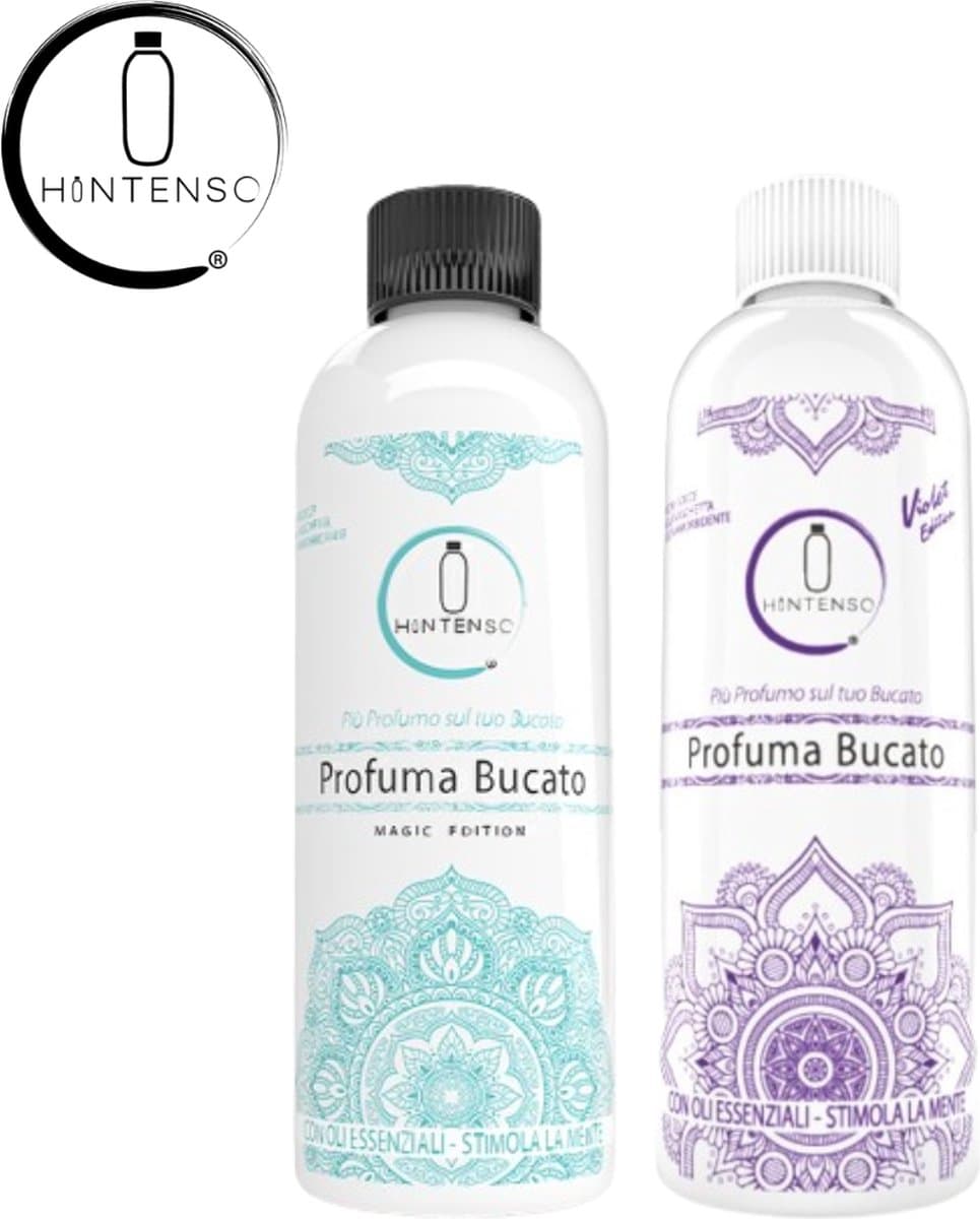 Wasparfum Hintenso Violet Edition Lavendel 500ml + Wasparfum Hintenso Turquoise Magic Edition 500ml - Proefpakket - 140 wasbeurten - Inclusief 1 gratis tester - Frisse was – Textielverfrisser – Wasverzachter – Lavendel – Wasparfum - Wasmachine — afbeelding 1