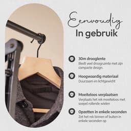 Meisterhome® - 24 Meter - wasrek – Inklapbare wielen – makkelijk opbergen - Droogtoren op wielen - 3 etages - draaibaar droogrek - uitklapbaar – Mat zwart - Tot 25 kg wasgoed — thumbnail 5