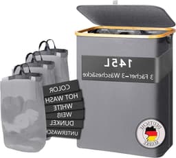 Wasmand met Deksel en 3 Vakken 145 L - Uitneembare Waszak - 3 compartimenten - Verwijderbare Waszak - Wassorteerder wassorteerder — thumbnail 1